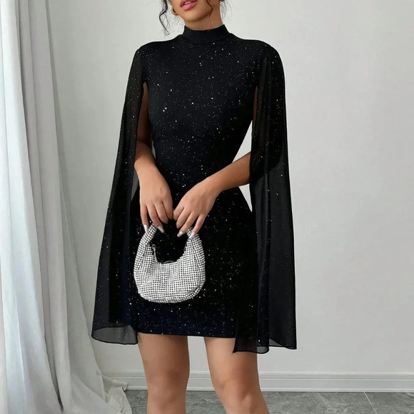 Black Party Women's Glitter Print Stand Collar Lantern Sleeve Bodycon Dress - Picture 4 of 6